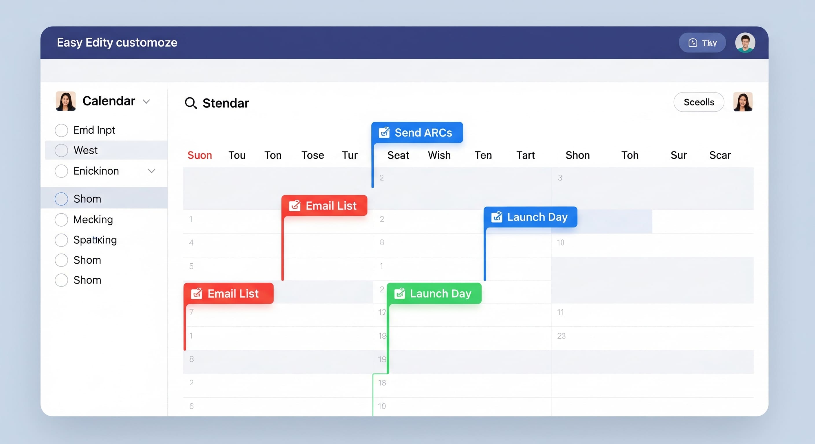 Editable calendar with highlighted milestones: Send ARCs, Email List, Launch Day