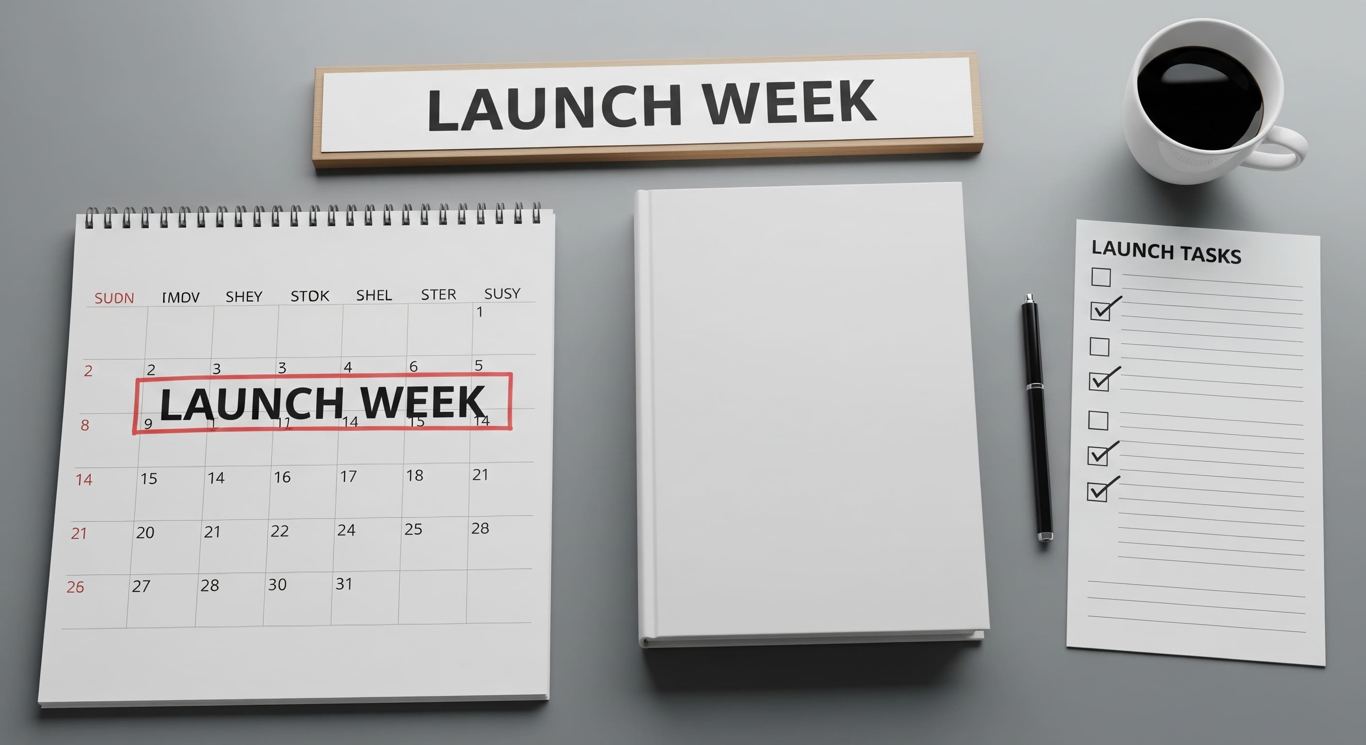 Calendar, book mock-up, checklist, and coffee cup on a desk labeled Launch Week