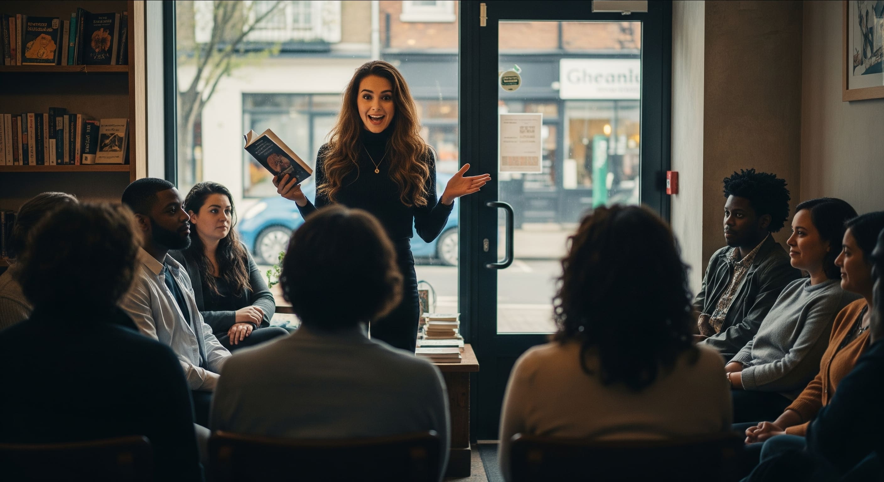 Photo of an excited author holding their book with Launch Day! text overlay