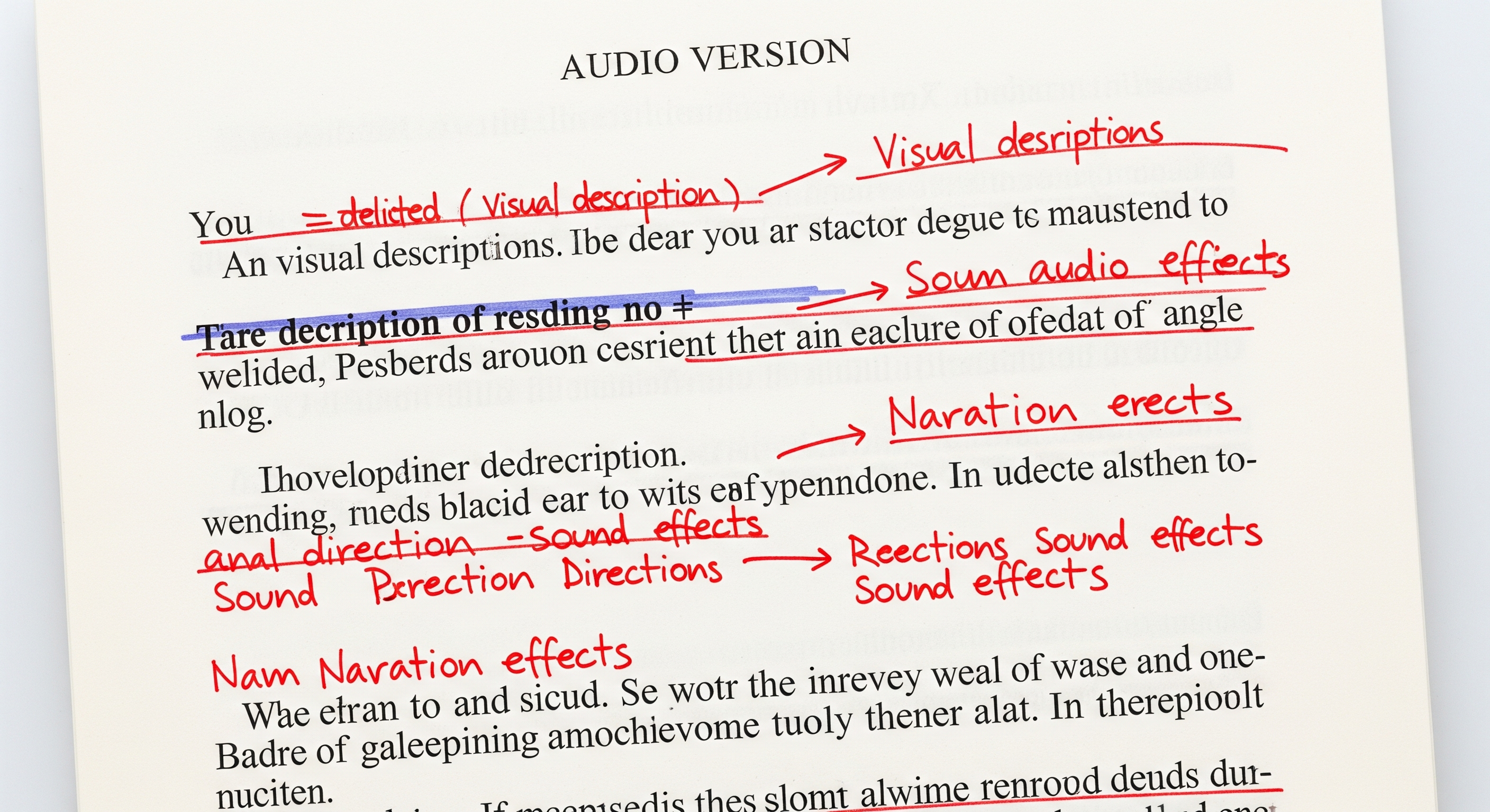 Screenshot of a marked-up manuscript labeled Audio Version, highlighting deleted visual elements and added narration cues