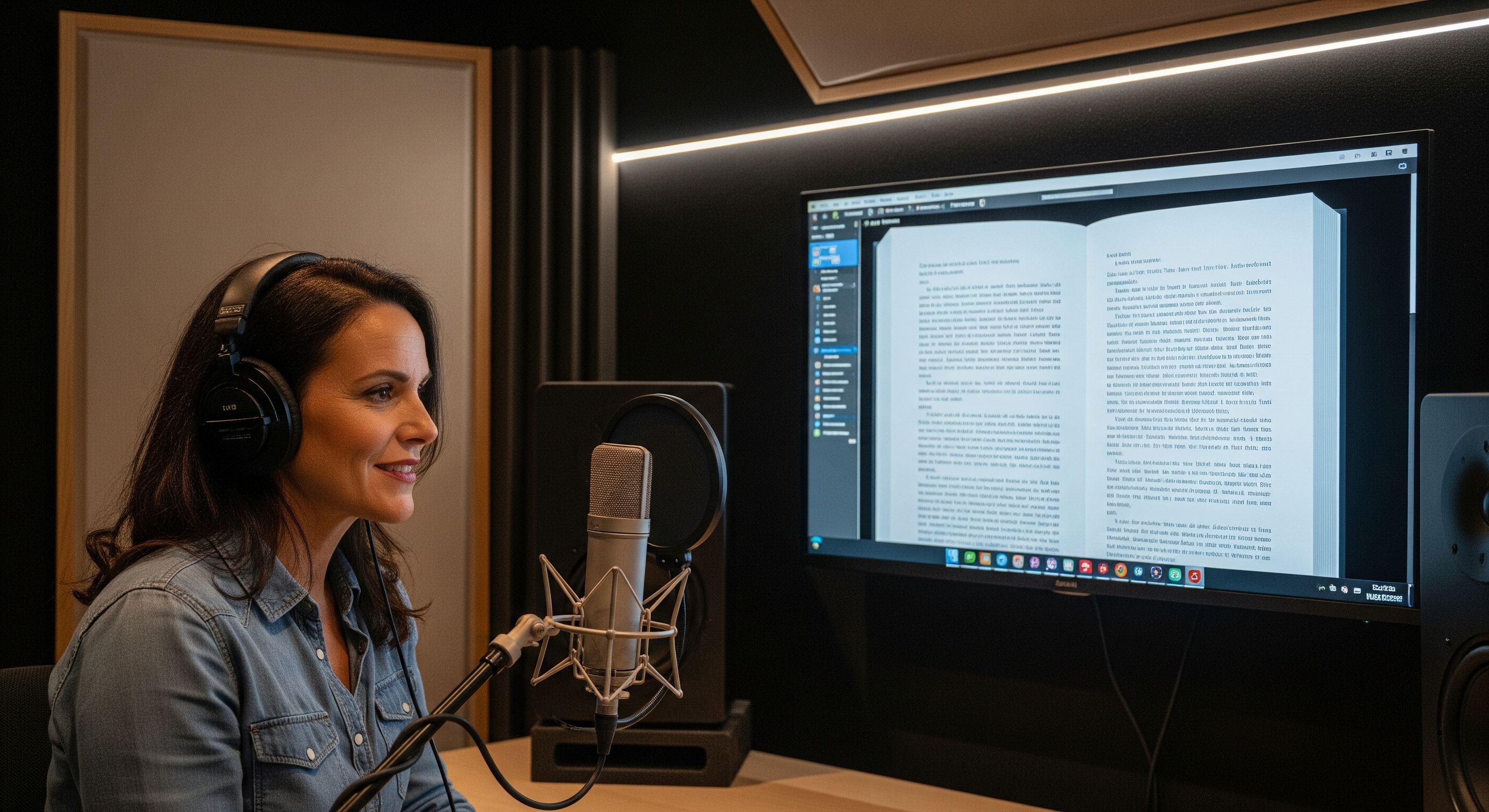 Person recording in a home studio with a book script on screen